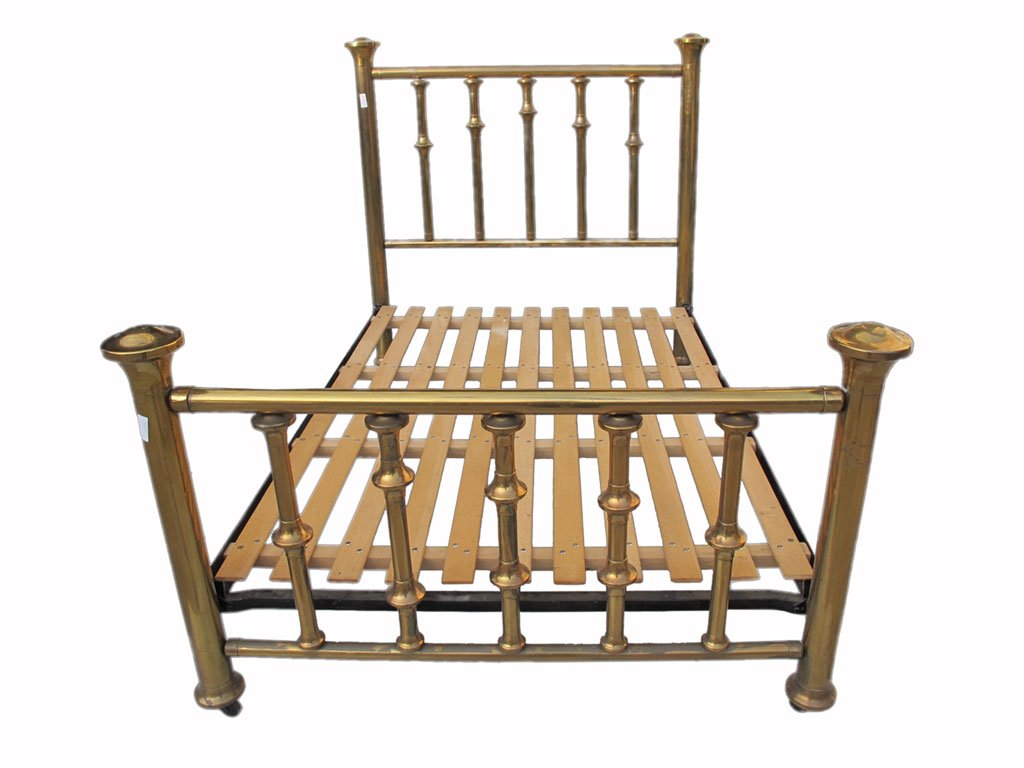 Antique English bronze full bed frame: Antique English bronze full bed frame. 58” H x 58” W x 84” D external, 58” H x 53” W x 76” D internal. Footboard 37” H. Antique French Louis XVI style mahogany commode with a marble top