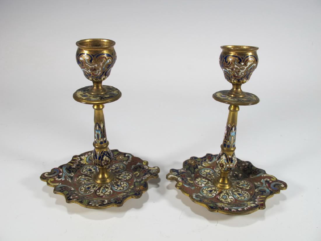 Antique French pair of bronze champleve candlesticks (1 of 5)