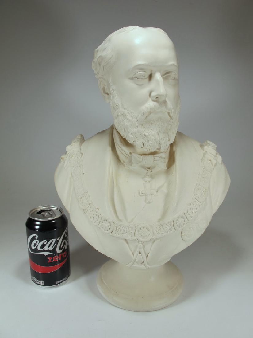 Bust of Edward VII by Copeland: Bust of Edward VII as Grand Master of the U.G.L.E, made in plaster by Copeland. The bust shows the Prince wearing the jewel of the 11th Degree of the Rite of Freemasonry (Swedish), and the chain and j