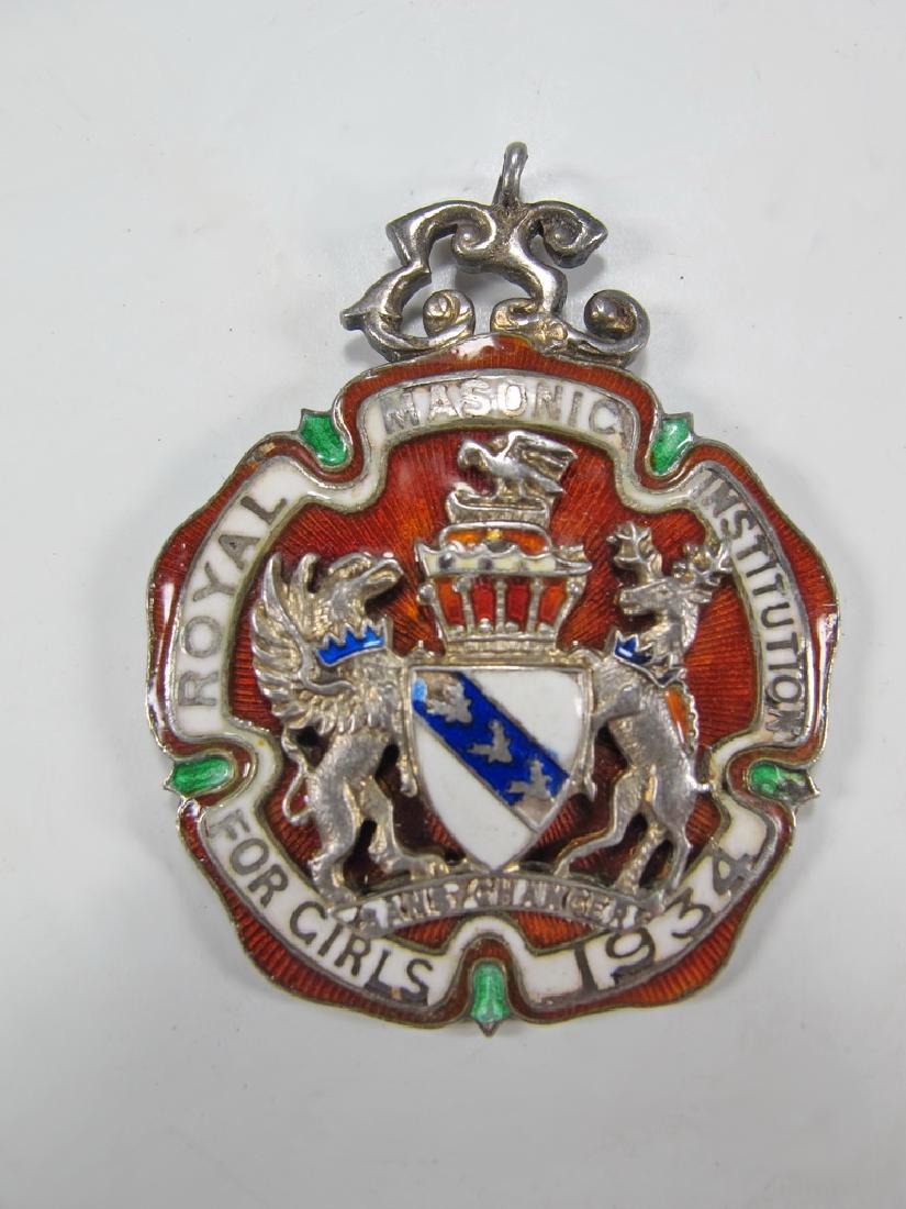 Antique English silver and enamel jewel: Antique English Kenning & Son, London, silver and enamel jewel. Royal Masonic Institution for Girls 1934. 1 7/8" H x 1 3/8" W. Shipping in USA or International please contact : James Lawrence from the