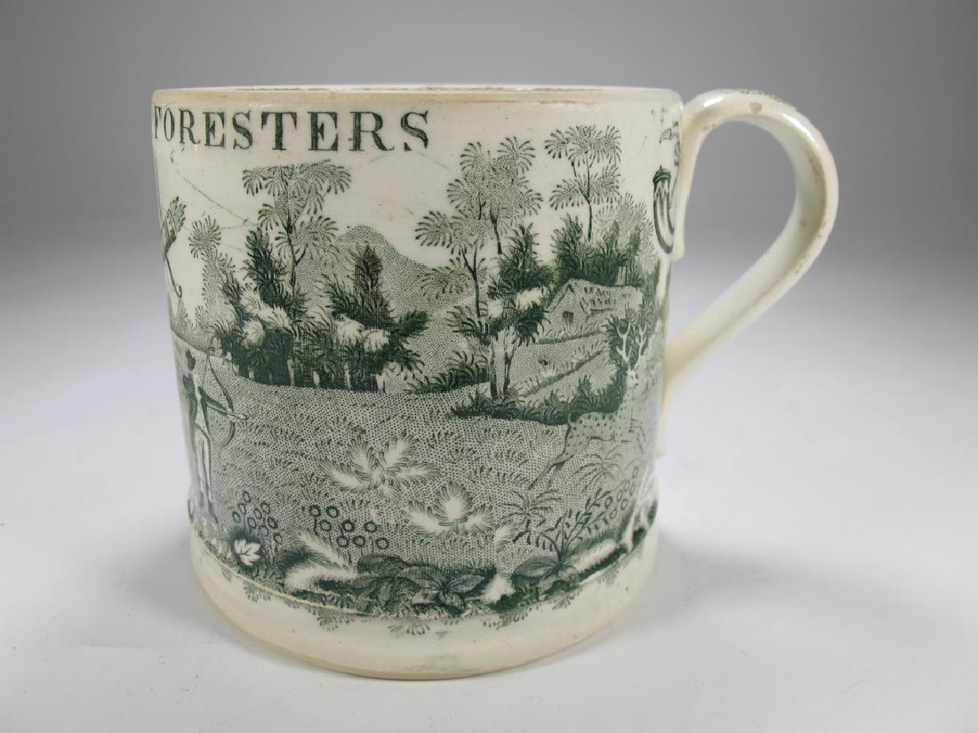Antique English Masonic Royal Foresters mug: Antique English Royal Foresters mug. Printed in pale green symbols and the name of the lodge. No marks in the base. 4" H x 5 1/2" W x 4 3/16" D. Shipping in USA or International please contact : James
