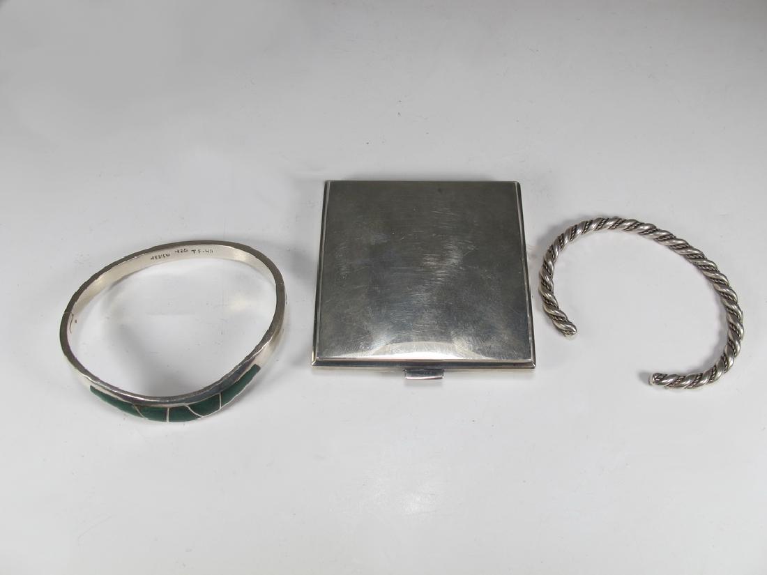 Lot of 2 sterling 925 bracelet & 1 powder box: Lot of 2 sterling 925 bracelet & 1 powder box. Box: 2 5/8" H x 2 5/8" W, Bracelets: 2 1/4" H x 2 3/4" W and 2 1/8" H x 2 5/8" W. Weight: 145 grams (4t oz 13.23717 dwt). Shipping in USA or Internationa