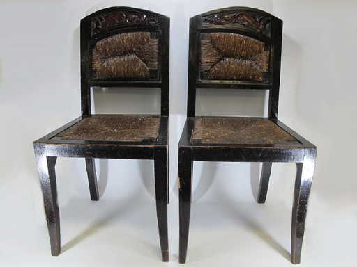 Antique Spanish Pair Of Wood & Wicker Chairs - Antique Spanish Pair Of Wood & Wicker Chairs