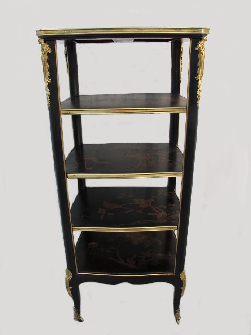 Antique hand painted & bronze Chinoserie shelf: Antique hand painted & bronze Chinoserie shelf. 45 5/8" H x 19 1/2" W x 15 1/4" D. Shipping in USA or International please contact : James Lawrence from the local UPS Store, 954-463-0444, FloridaUPS@g