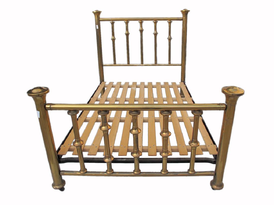 Antique English bronze full bed frame: Antique English bronze full bed frame. 58" H x 58" W x 84" D external, 58" H x 53" W x 76" D internal. Footboard 37" H. Antique French Louis XVI style mahogany commode with a marble top and bronze det