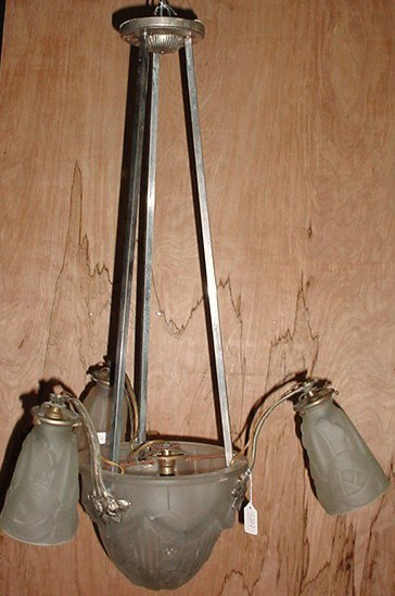 Degue Art Deco chandelier: Degue Art Deco silver-plate & glass chandelier, signed. 31 1/2"H x 19"W. Shipping in USA is $ 110.00. International bidders ask before bid.