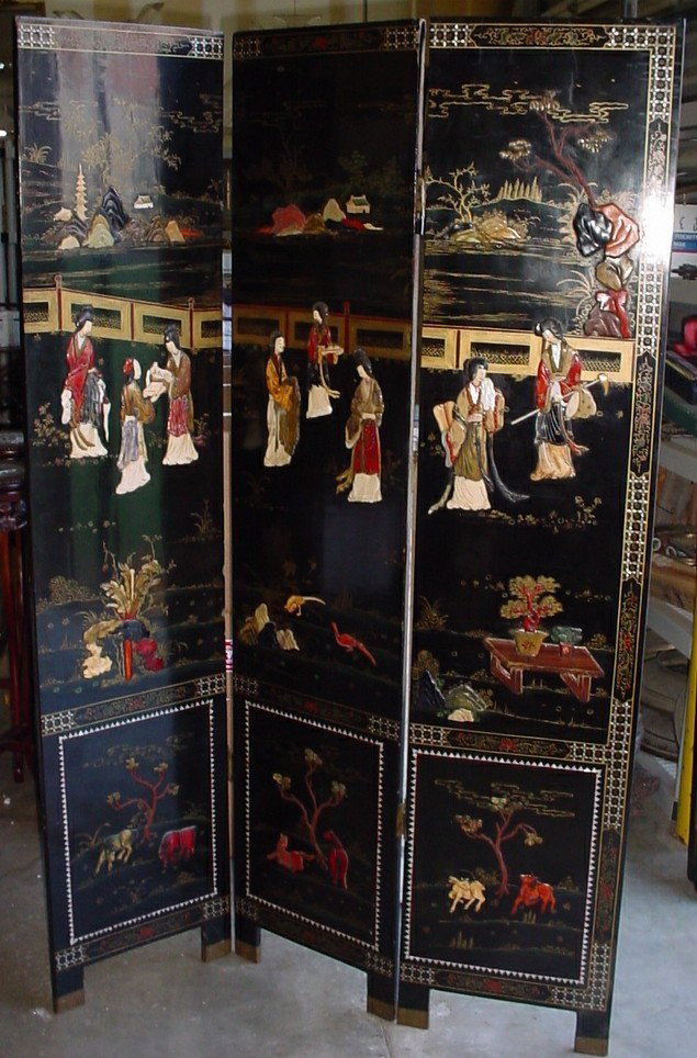 Chinese lacquer folding screen: Chinese lacquer folding screen with ivory, paintings and bronze hinges. 72" H x 73" W. Shipping in USA is $ 220.00. International bidders ask before bid.