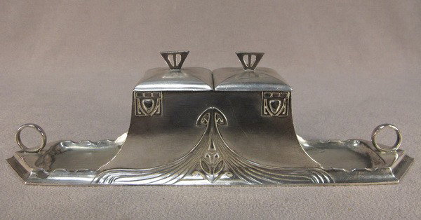 German WMF silverplated inkwell: German WMF silver-plated inkwell, marked. 4 1/4'' High x 15" Wide x 3 1/4 Deep. Shipping in USA is $ 35.00. International bidders ask before bid.