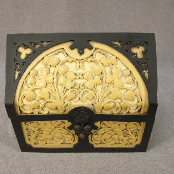 French Gothic faux ivory box: French Gothic faux ivory & bronze box. 8 1/2" H x 9 1/2" W x 6" D. Shipping in USA is $ 35.00. International bidders ask before bid.
