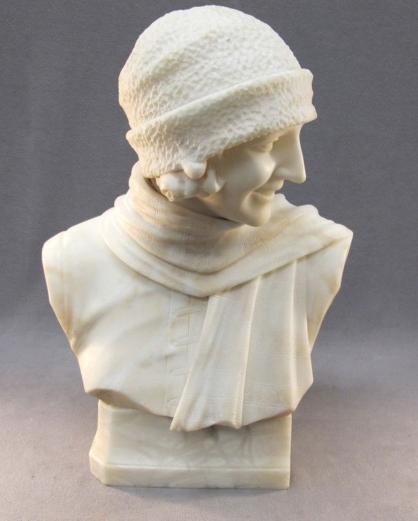 Italian Art Deco alabaster bust: Italian Art deco alabaster bust, signed MICHELETTI. 21" H x 15" W. Shipping in USA is $ 85.00. International bidders ask before bid.