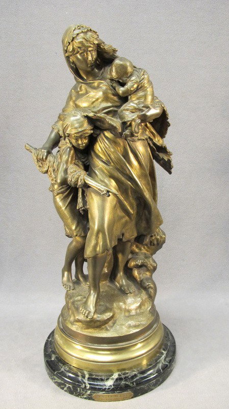 French school statue, Math. MOREAU: French school bronze statue, signed: Math. MOREAU and titled: " La Tempete". 26 1/2" H. Shipping in USA is $ 85.00.