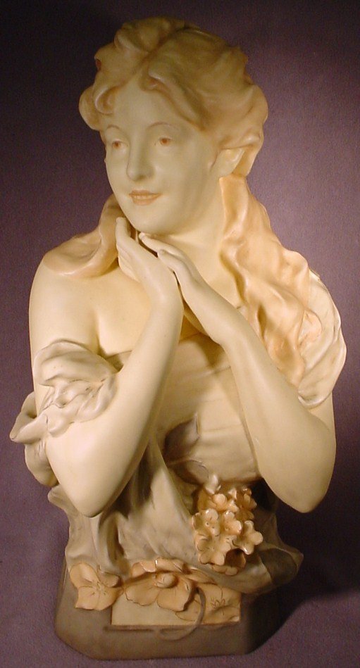 Royal Dux style ceramic bust: Royal Dux style ceramic bust of woman, unmarked. 20 1/2" H. Shipping in USA is $ 65.00. International bidders ask before bid.