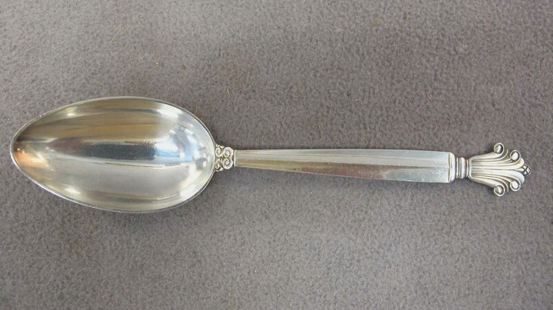 Georg Jensen Acanthus sterling spoon: Georg Jensen Acanthus pattern sterling spoon, design by Johan Rohde, 1945. Weight: 64 grams or 2.05 oz Troy. 8 1/16" long. Shipping in USA is $ 20.00. International bidders ask before bid.