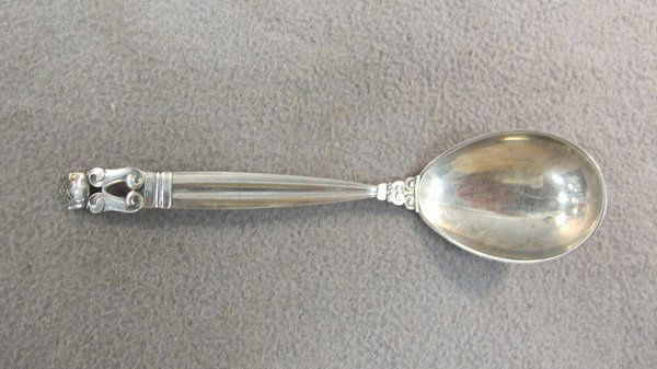 Georg Jensen Acorn sterling spoon: Georg Jensen Acorn pattern sterling spoon, design by Johan Rohde, 1933. Weight: 34 grams or 1.09 oz Troy. 5 3/4" long. Shipping in USA is $ 20.00. International bidders ask before bid.