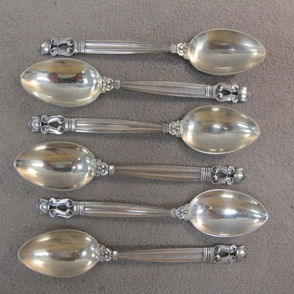 6 Georg Jensen Acorn sterling spoons: 6 Georg Jensen Acorn pattern sterling spoons, design by Johan Rohde, 1933. Weight: 170 grams or 5.46 oz Troy. 5 5/8" long. Shipping in USA is $ 30.00. International bidders ask before bid.
