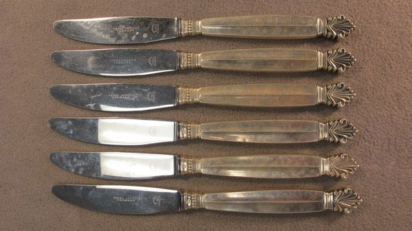 6 Georg Jensen Acanthus pattern sterling knives: 6 Georg Jensen Acanthus pattern sterling knives, 1917, design by Johan Rohde. 8 1/2" long. Shipping in USA is $ 30.00. International bidders ask before bid.