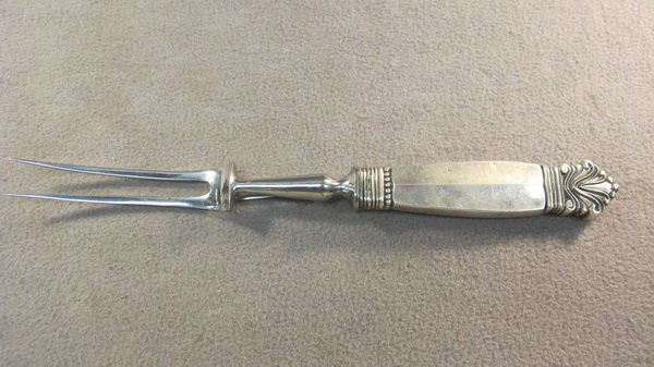 Georg Jensen Acanthus pattern meat fork: Georg Jensen Acanthus pattern sterling meat fork, 1917, design by Johan Rohde. 10 5/8" long. Shipping in USA is $ 20.00. International bidders ask before bid.
