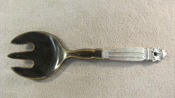 Georg Jensen Acorn pattern salad fork: Georg Jensen Acorn pattern sterling salad fork, 1945, design by Johan Rohde. 8" long. Shipping in USA is $ 20.00. International bidders ask before bid.