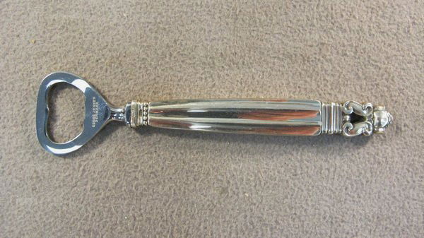 Georg Jensen Acorn pattern bottle opener: Georg Jensen Acorn pattern sterling bottle opener, 1915, design by Johan Rohde. 6 3/8" long. Shipping in USA is $ 20.00. International bidders ask before bid.