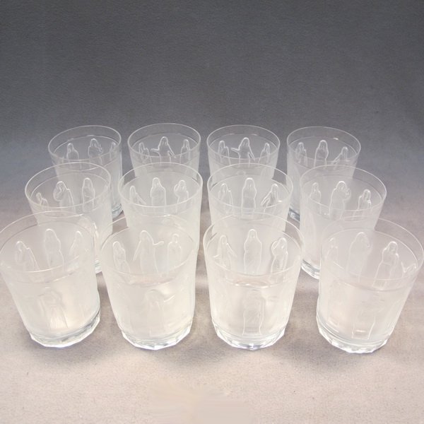 Lalique set of 12 glasses: Lalique Art Deco set of 12 glasses, marked. 4'' H x 3 1/2'' W. Shipping in USA is $ 90.00.International bidders ask before bid.