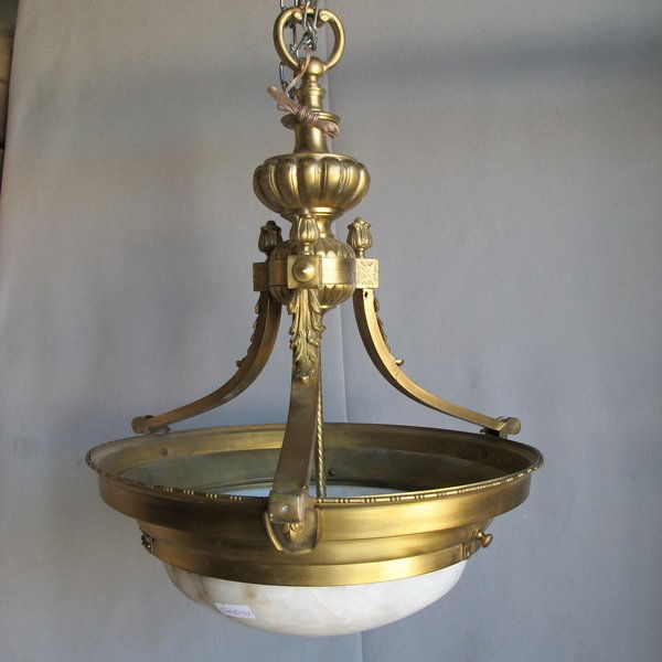 French gilt bronze & alabaster chandelier: French gilt bronze & alabaster chandelier. 26 1/2" H x 23" W. Shipping in USA is $ 95.00. International bidders ask for shipping before bid.