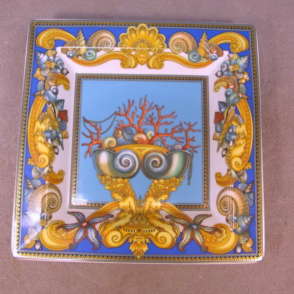 Versace Rosenthal porcelain ashtray: Versace Rosenthal porcelain ashtray, " Les Tresors de la Mer ", marked. 8 3/4" W x 8 3/4" D. Shipping in USA is $ 30.00. International bidders ask before bid.