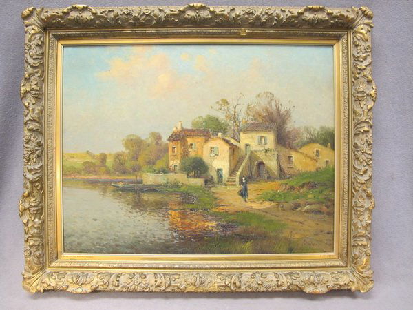 Antoine Bouvard (French, 1870-1956): "A village at the bend of the river provence" signed with a pseudonym 'Pelletier' (lower right) oil on canvas. 20" H" x 25 1/2" W without frame. Frame says artist is Pierre Jacques PELLETIER (1869-193