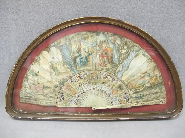 European ivory & paintings fan in a box: European ivory & paintings fan in a box. 14 1/4" H x 25" W box size. Shipping in USA is $ 45.00. International bidders ask before bid
