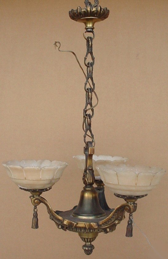 French bronze & alabaster chandelier: French bronze & alabaster chandelier. 29" H total ( 23" H without chain ) x 15 1/2" W. Shipping in USA is $ 60.00. International bidders ask before bid.