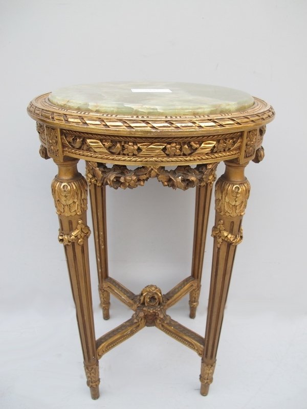 Antique French Louis XVI side table: Antique French Louis XVI side table. We have the sofa, armchairs and chairs listed on this auction. 33" H x 20" W. Shipping in USA is $ 145.00. International bidders ask before bid.