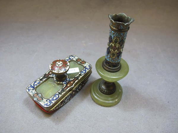 French champlevé candlestick and ink blotter: French bronze champlevé candlestick and ink blotter. 5" H & 2 1/4" H x 33 3/4" W . Shipping in USA is $ 30.00.International bidders ask before bid.
