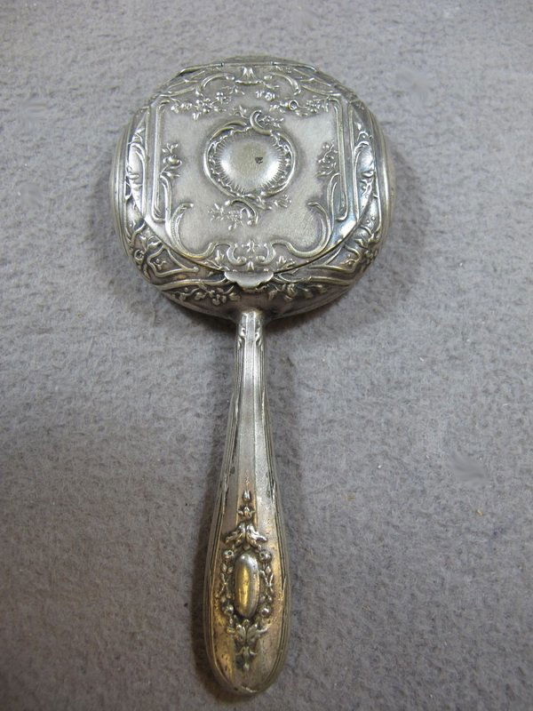 Old sterling hand mirror & box: Old sterling hand mirror & box, unmarked. 4 3/8" H. Shipping in USA is $ 8.00. International bidders ask before bid