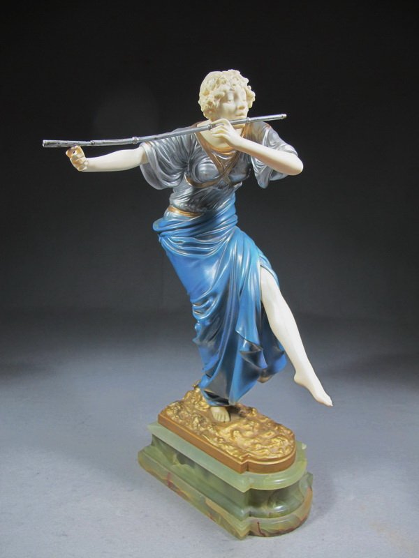 Paul Philippe (1870-1930) bronze & ivory statue: Paul Philippe (1870-1930) bronze & ivory statue on an onyx base, signed & titled: " Flute Player ". 15" H, 12 3/4" H without base. Shipping in USA is $ 65.00.International bidder ask for shipping befo