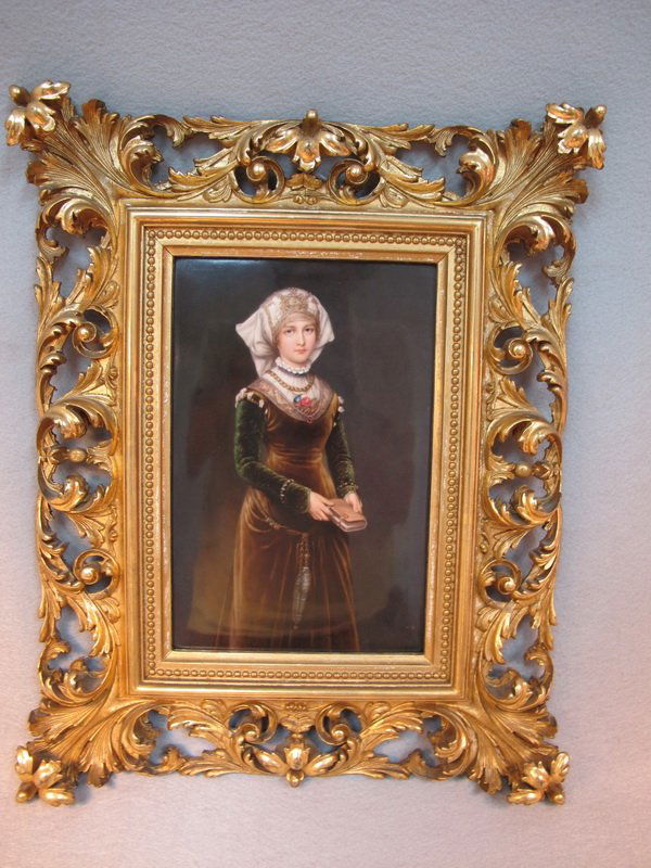 German KPM porcelain framed plaque: German KPM porcelain plaque with a wood frame, signed & marked. 16 1/2" H x 13" W framed, 9 1/4" H x 6 1/4" W just the plaque. Shipping in USA is $ 50.00. International bidders ask for shipping before