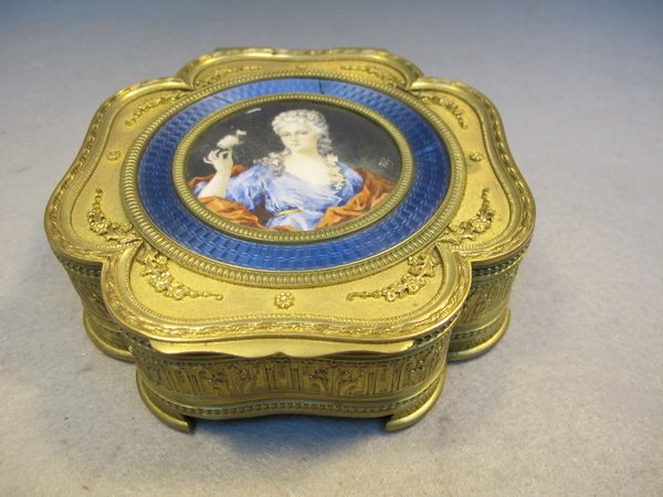 French bronze, enamel & porcelain box: French bronze, enamel & porcelain box, signed and marked, small cracks on enamel. 2" H x 5 1/2" W. Shipping in USA is $ 25.00. International bidders ask before bid.