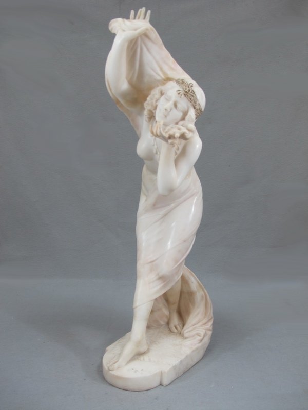 Art Nouveau Italian alabaster statue: Art Nouveau Italian alabaster statue, signed and restored. 27 5/8" H. Shipping in USA is $ 85.00. International bidders ask before bid.