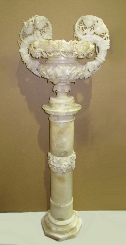 Amazing carved alabaster urn & pedestal: Amazing carved alabaster urn & pedestal. 68 1/4" H x 24" W. Shipping in USA is $ 275.00. International bidder ask for shipping before bid.