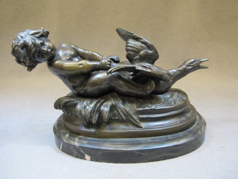 Old signed Auguste Moreau bronze statue: Old signed Auguste Moreau bronze statue with a marble base. 5 “ H x 9 1/2” W. Shipping in USA is $ 40.00. International bidders ask before bid.