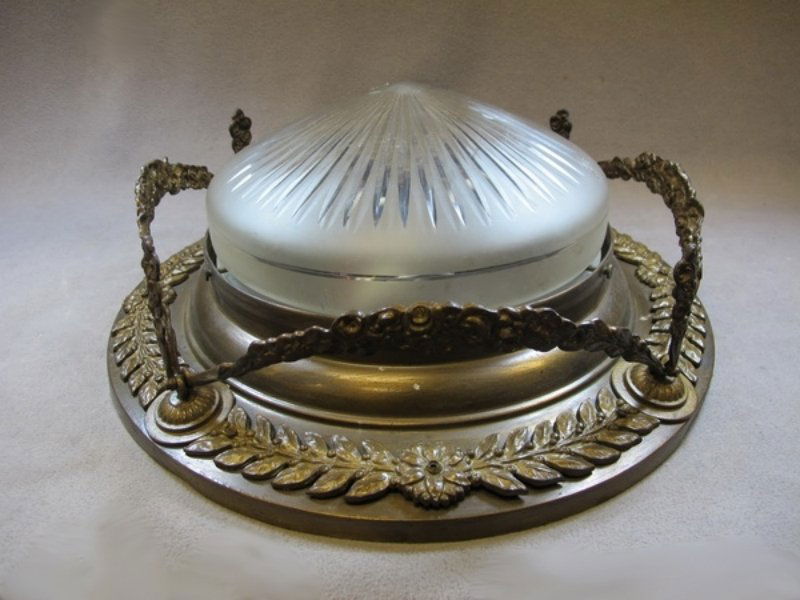 French bronze & glass ceiling light: French bronze & glass ceiling light. 7" H x 15” W. Shipping in USA is $ 50.00. International bidders ask before bid.