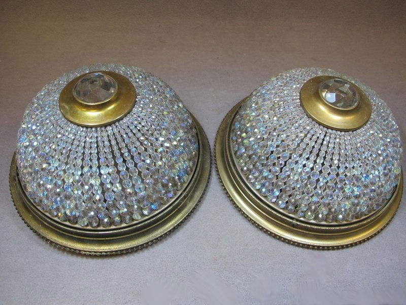 Old pair of French glass & bronze ceiling ligths: Old pair of French glass & bronze ceiling ligths. 5 1/4" H x 10” diameter. Shipping in USA is $ 45.00. International bidders ask before bid.