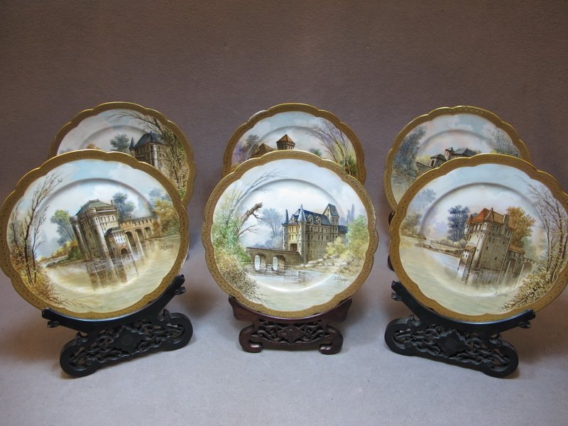 Antique Limoges set of 6 porcelain plates: Antique Limoges set of 6 porcelain plates with a wood stand. 8 1/2” diameter. Shipping in USA is $ 45.00. International bidders ask before bid.