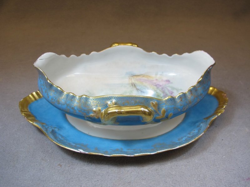 Antique Limoges porcelain sauce boat: Antique Limoges porcelain sauce boat, marked. 3" H x 9 1/4” W. Shipping in USA is $ 35.00. International bidders ask for shipping before bid.