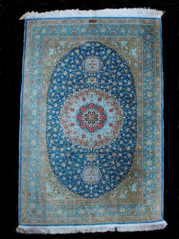 Masterpiece Persian ( IRAN ) Ghom. Signed by Master wea: Masterpiece Persian ( IRAN ) Ghom. Signed by Master weaver. Hand Made 100% Silk, circa 1980. 57 1/2“ x 39 3/8” (146 cm x 100 cm). Shipping in USA is $ 100.00 plus insurance. International bidders 