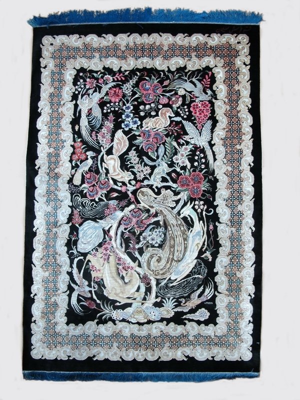 Masterpiece Persian Ghom Very Fine woven 100% Silk: Masterpiece Persian Ghom Very Fine woven 100% Silk & Signed by Master Weaver " Suleiman ". Very unusual Color. 4’ 11” x 3’ 04” (149.9 cm x 91.5 cm). Shipping in USA is $ 100.00 plus insurance.