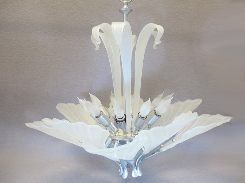 Art Deco metal & glass chandelier: Art Deco metal & glass chandelier. 27” H x 27” W. Shipping in USA is $ 120.00. International bidders ask for shipping before bid.