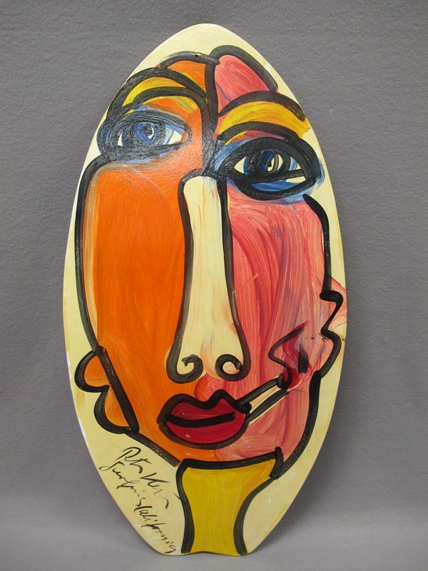 Peter KEIL (1942) oil on surfboard painting: Peter KEIL (1942) oil on surfboard painting, signed. 37 1/4” H x 18 1/2” W. Shipping in USA is $ 75.00. International bidders ask for shipping before bid.
