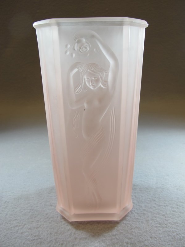 Art Deco nude fig. glass vase: Art Deco nude fig. glass vase. 9” H x 4 1/4” W. Shipping in USA is $ 30.00. International bidders ask for shipping before bid.