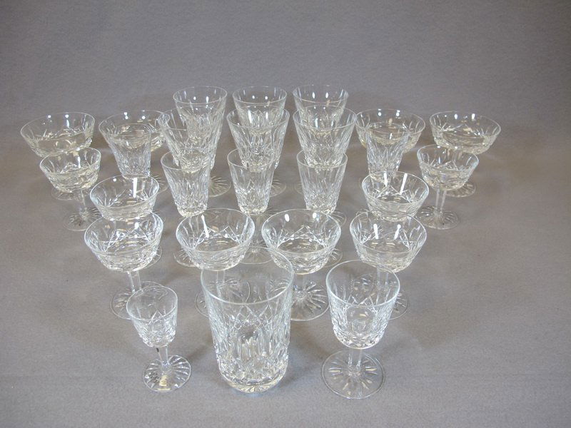 Old Waterford crystal set of 26 glasses: Old Waterford crystal set of 26 glasses. 5 glasses: 5” h x 2 1/8” W, 4 glasses: 4” H x 4” W, 6 glasses: 5 3/4” H x 3” W, 1 glass: 4 3/8” H x 2 1/4” W, 1 glass: 3 1/2” H x 1 5/8” W,