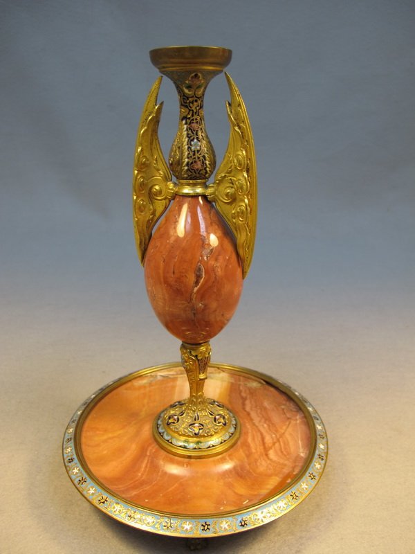 French bronze champlevé & marble urn: French bronze champlevé & marble urn. 10" H x 6 3/8" W. Shipping in USA is $ 35.00. International bidders ask before bid.