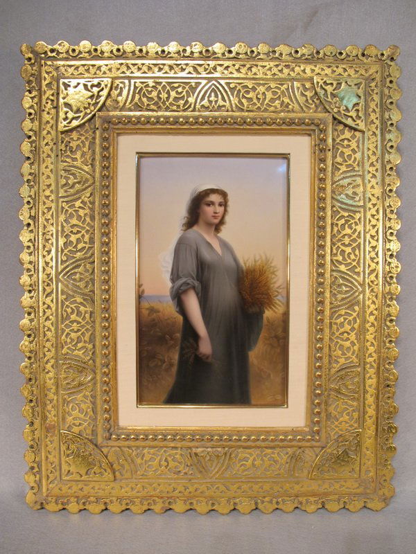 German KPM porcelain framed plaque: German KPM porcelain plaque with a wood frame, signed & marked. 25" H x 20" W framed, 13" H x 7 3/4" W just the plaque. Shipping in USA is $ 55.00. International bidders ask for shipping before bid.